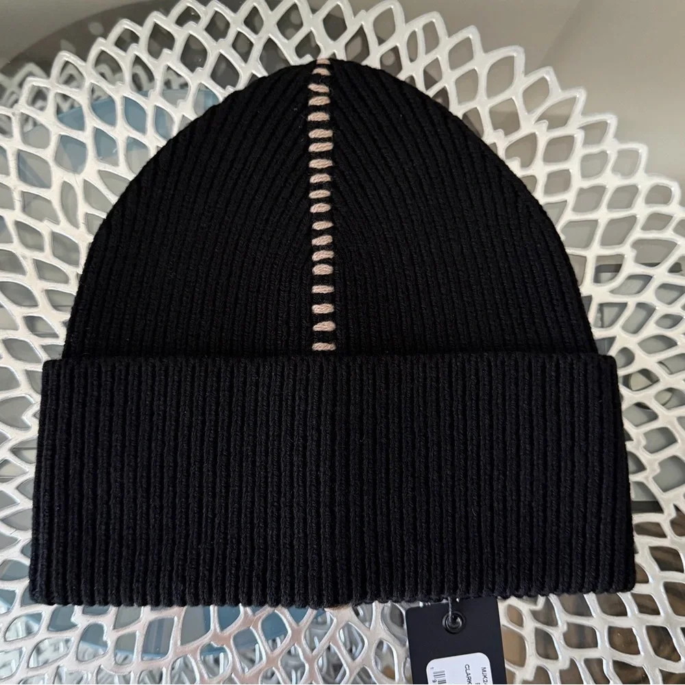 Rag & Bone Clarkson Black Wool Knit Beanie Hat with Stitching Detail Unisex NWT